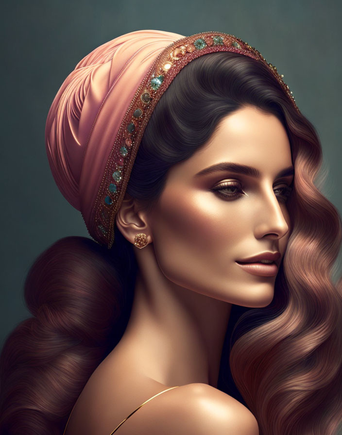 Digital portrait of woman with long wavy hair, decorative headband, earrings, and glowing skin