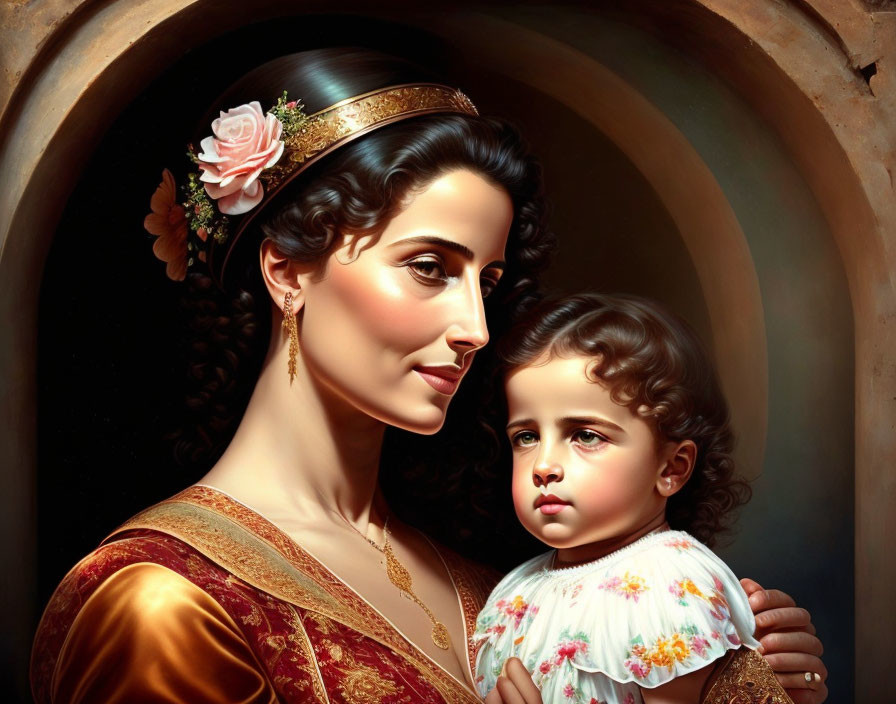 Portrait of woman and child with curly hair in elegant attire under warm light.