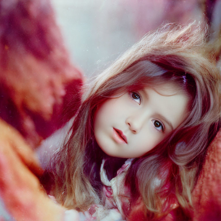 Young girl with long hair gazes through colorful blur