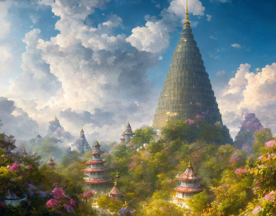 Intricate pagoda surrounded by lush landscape & fluffy clouds