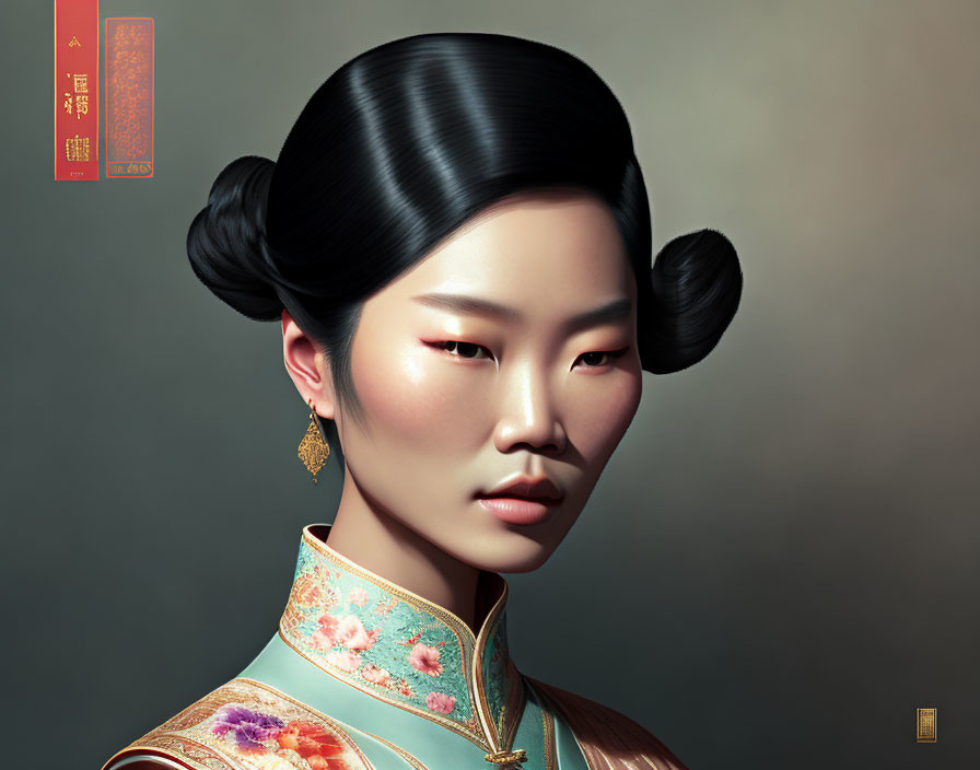 Traditional Chinese-inspired digital portrait of a woman in embroidered silk attire