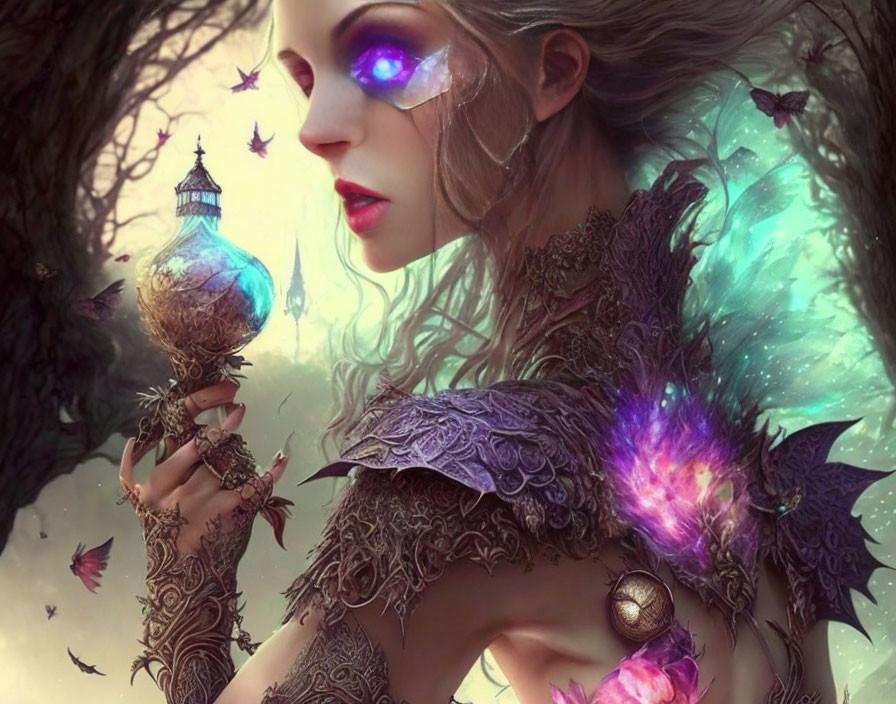 Fantasy artwork of woman with glowing purple eyes and magical orb surrounded by butterflies and mystical foliage