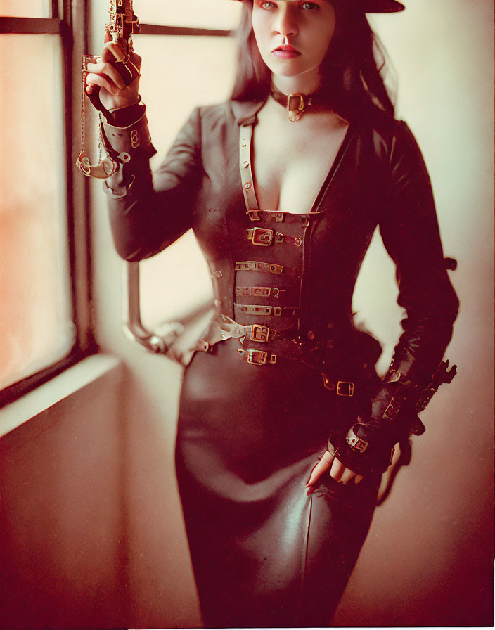 Dark Gothic Outfit Woman Poses with Chain by Window