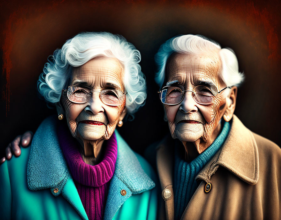 Elderly women in turquoise scarf and blue cardigan smiling with dark background