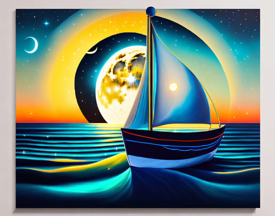 Surreal painting: sailboat, dynamic sky, moon, planets, sun