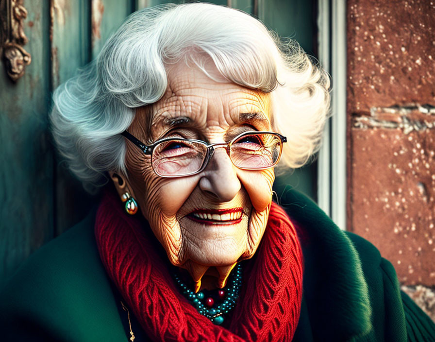 Elderly woman with white hair and glasses in green jacket and red scarf