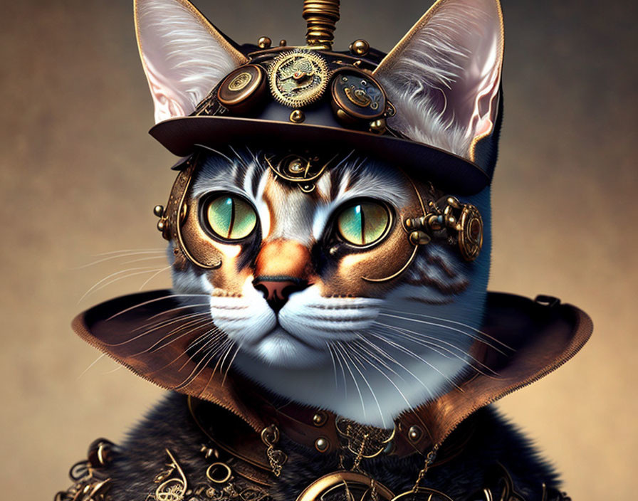 Steampunk-style cat with goggles, hat, and metallic collar.