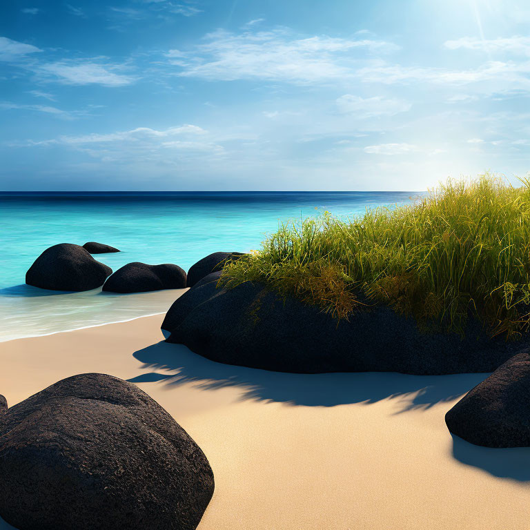 Tranquil beach scene with black stones, golden sand, green grass, blue sky.