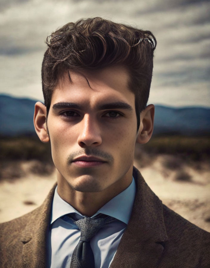 Stylish young man in formal attire under cloudy sky.