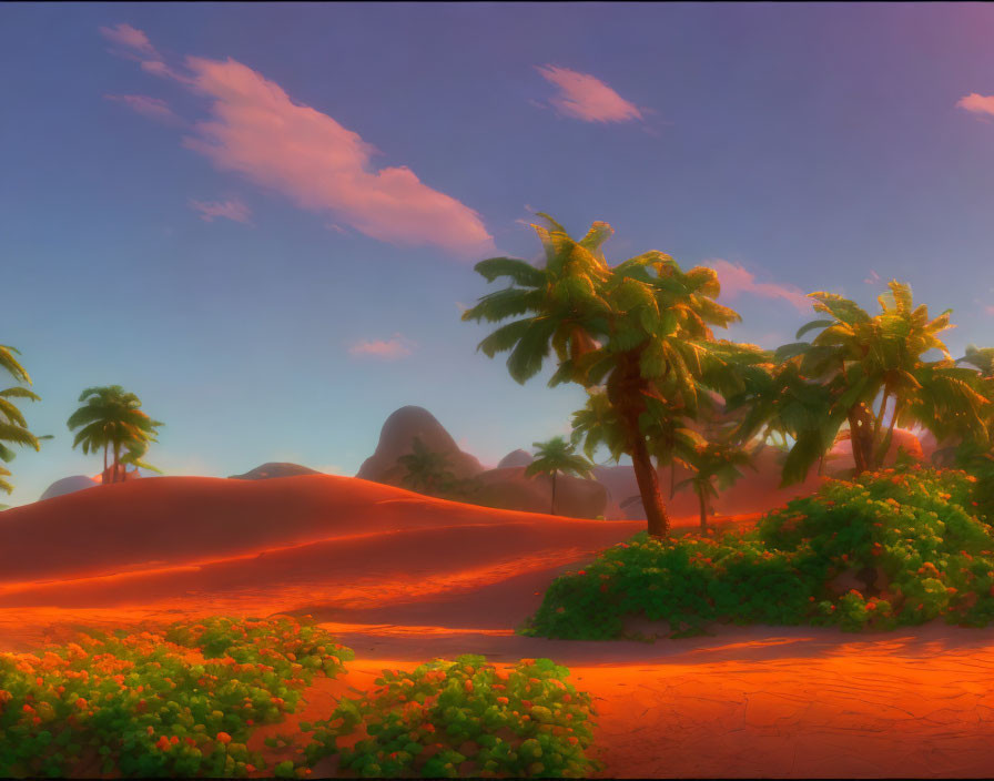 Sunset tropical oasis: palm trees, green foliage, sand dunes, warm sky