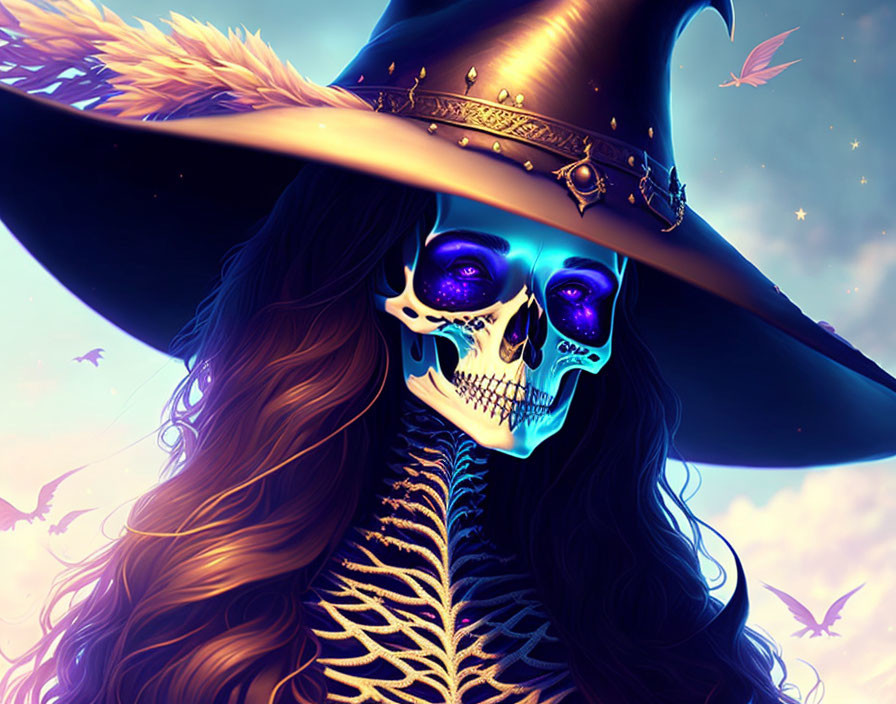 Colorful female skeleton with witch hat and long hair in starry sky.