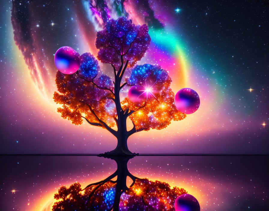 Colorful tree under surreal cosmic sky with glowing leaves and nebulae.