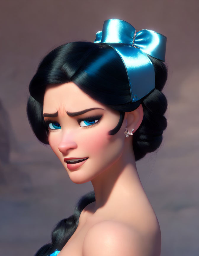 Animated female character with black hair, blue bow, and worried expression