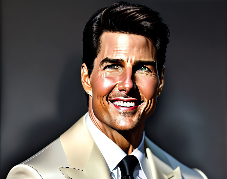 Smiling man with dark hair in beige suit against dark backdrop