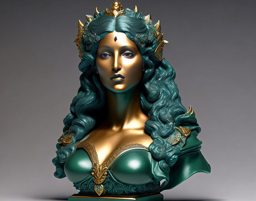 Turquoise-skinned female bust with golden crown and regal expression