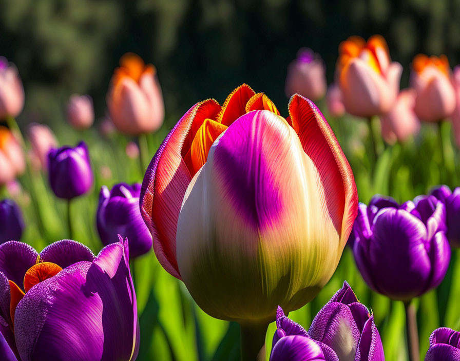 Colorful Tulip Garden with Large Orange and Pink Tulip