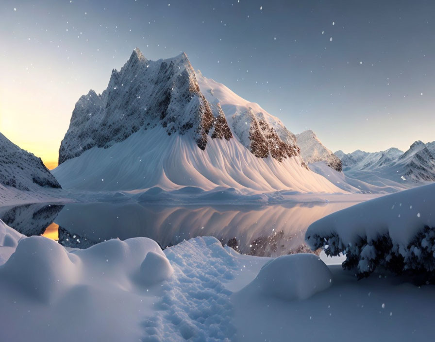 Snow-covered mountain range at sunrise with falling snowflakes.