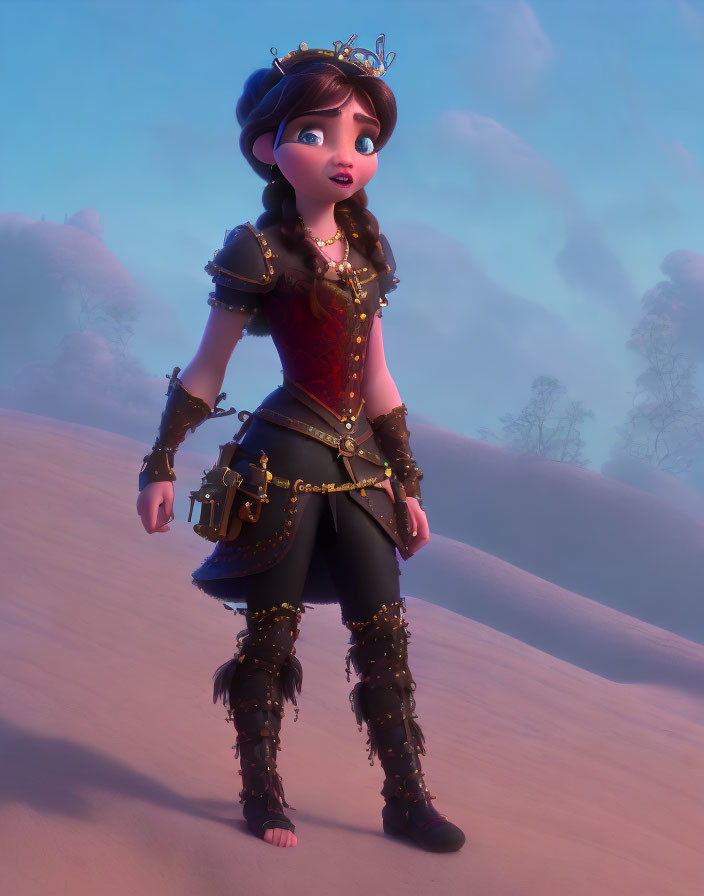 Fantasy-themed 3D animated female character in leather armor and hat in misty landscape