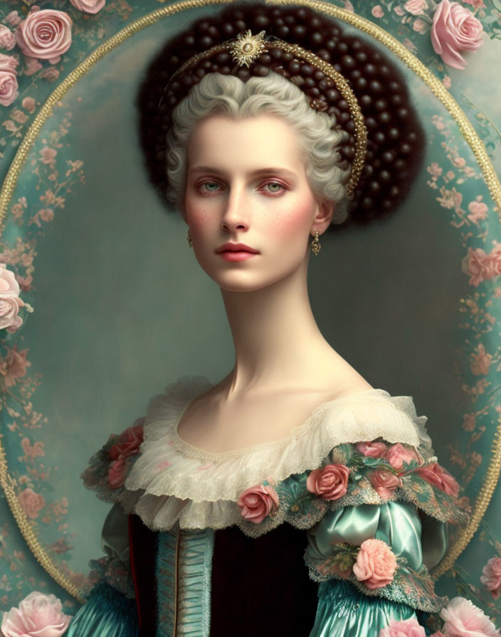 Historical woman portrait in ornate blue and rose dress with pearl-studded hairdo against floral backdrop