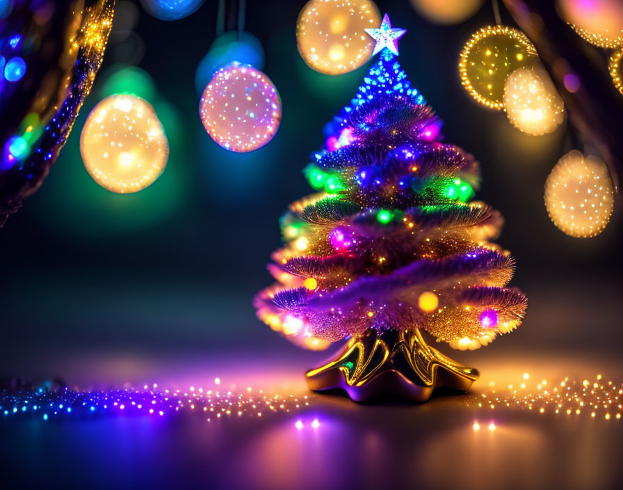 Colorful Miniature Christmas Tree with Lights and Star on Dark Background