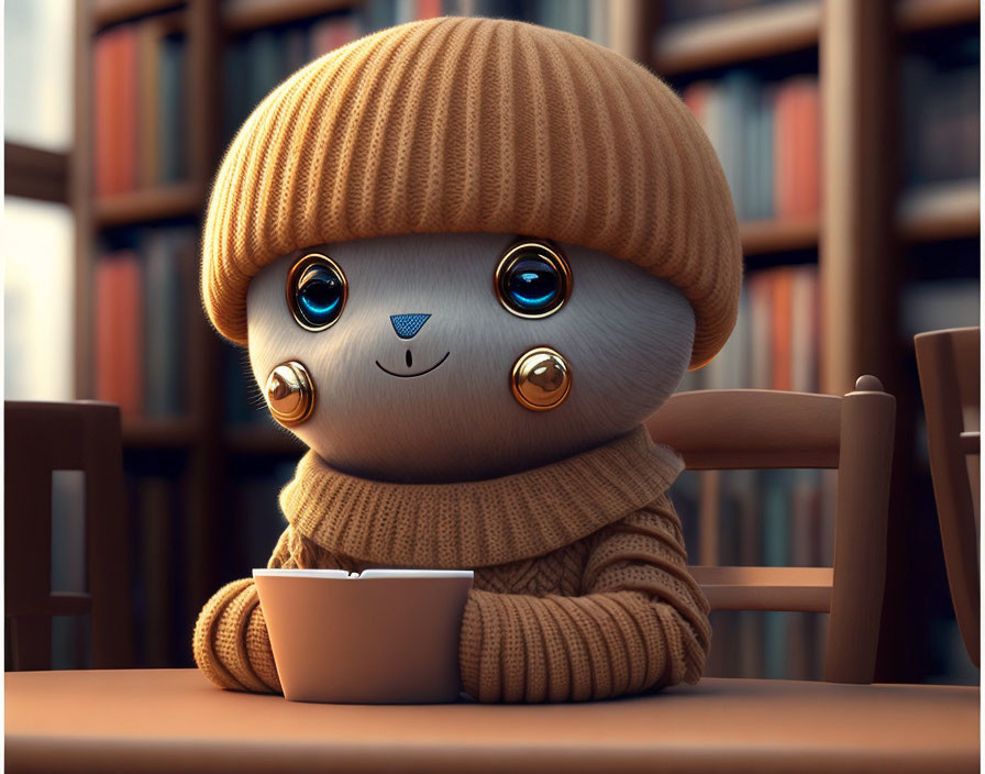 Anthropomorphic cat character in brown beanie and scarf at table with cup, bookshelves.