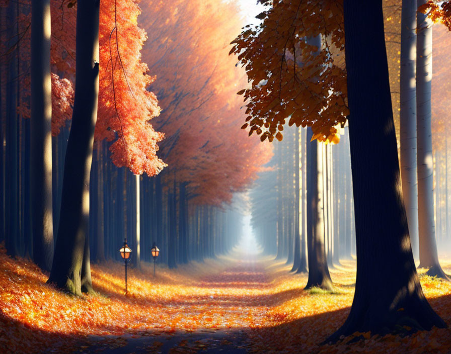 Autumn forest pathway with tall trees and scattered leaves