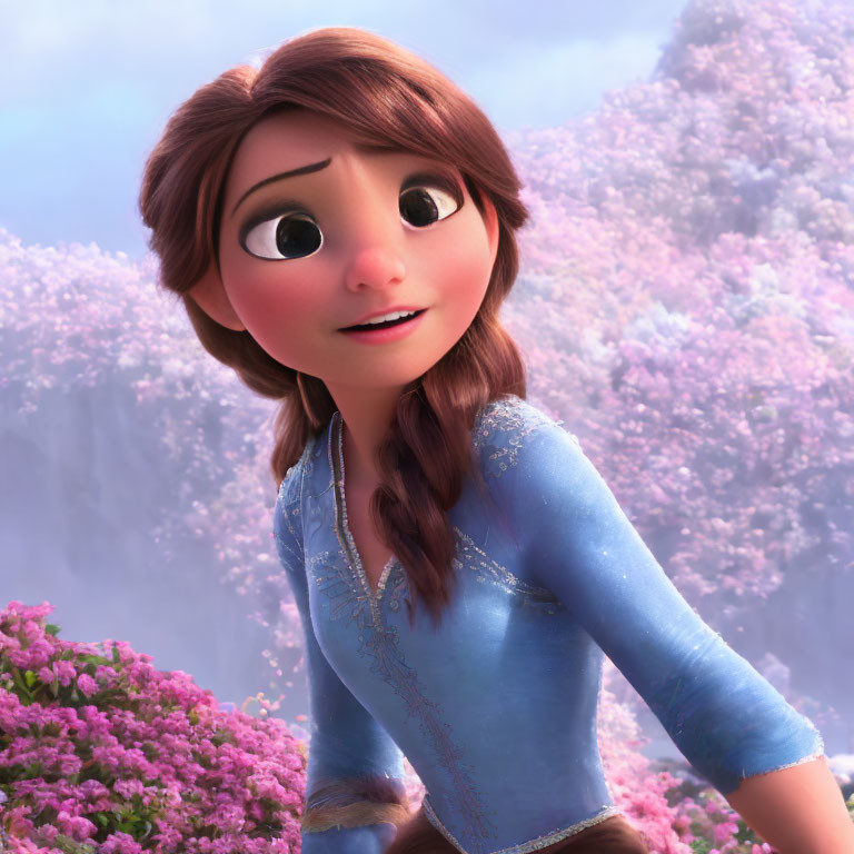 Animated young female character with braided brown hair in light blue dress among pink flowers