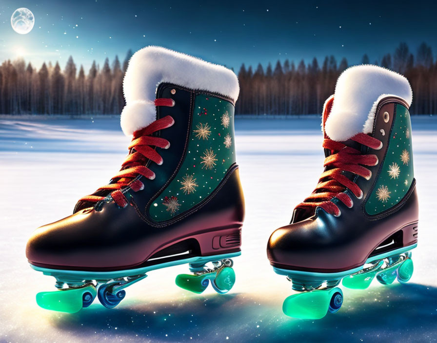 Festive roller skates with fur trim on wintry night backdrop