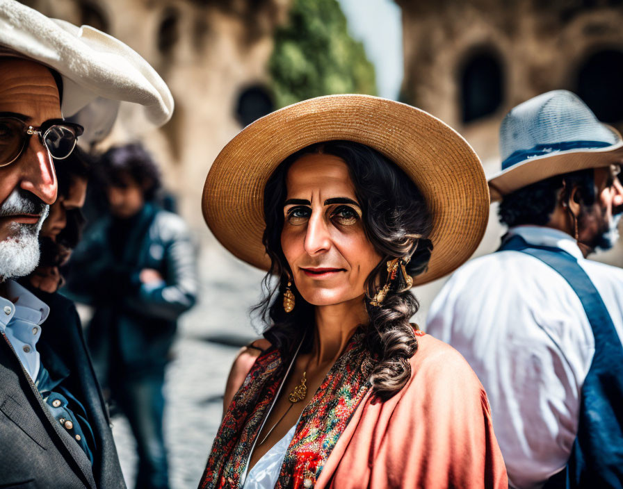 Woman in straw hat and traditional attire with blurred men in background.