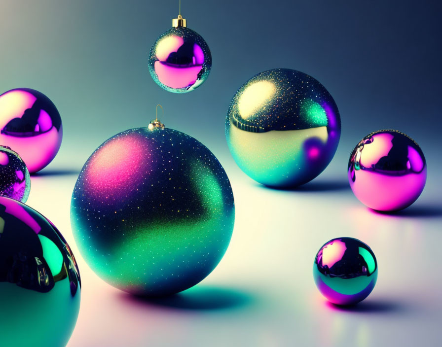 Vibrant Christmas Baubles on Reflective Surface with Gradient Backdrop