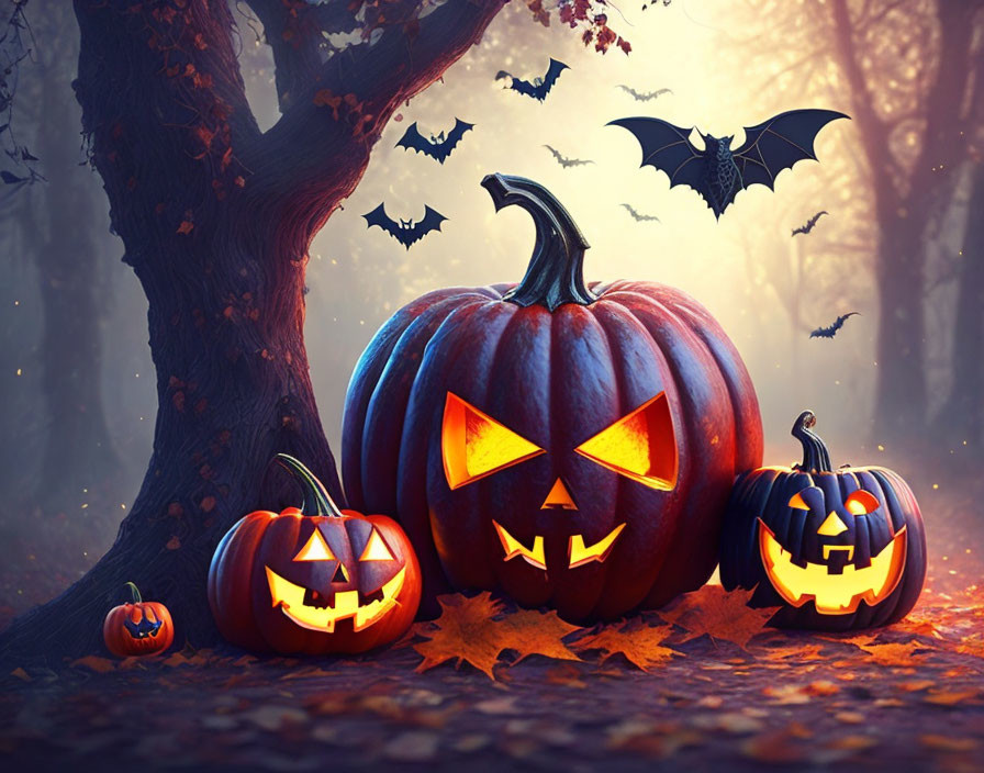 Three jack-o'-lanterns, autumn leaves, and flying bats in spooky Halloween scene