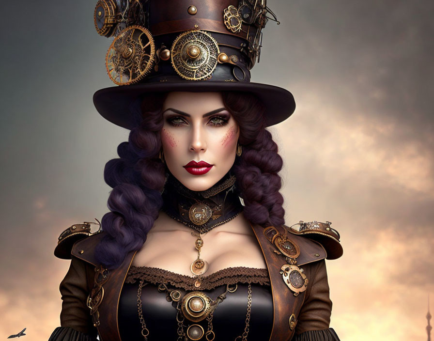 Elaborate steampunk attire with top hat, corset, and shoulder armor against moody