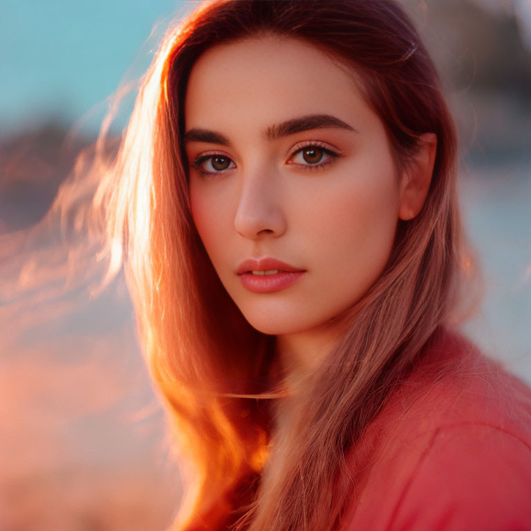 Close-up Portrait of Woman with Long Hair at Sunset