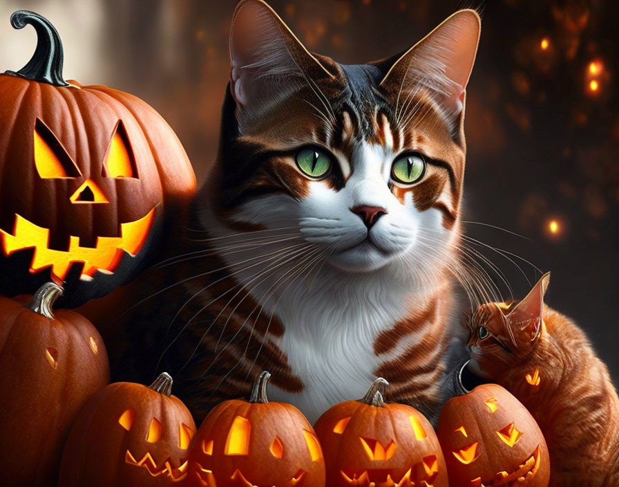 Tabby Cat and Ginger Kitten Among Carved Pumpkins in Festive Setting