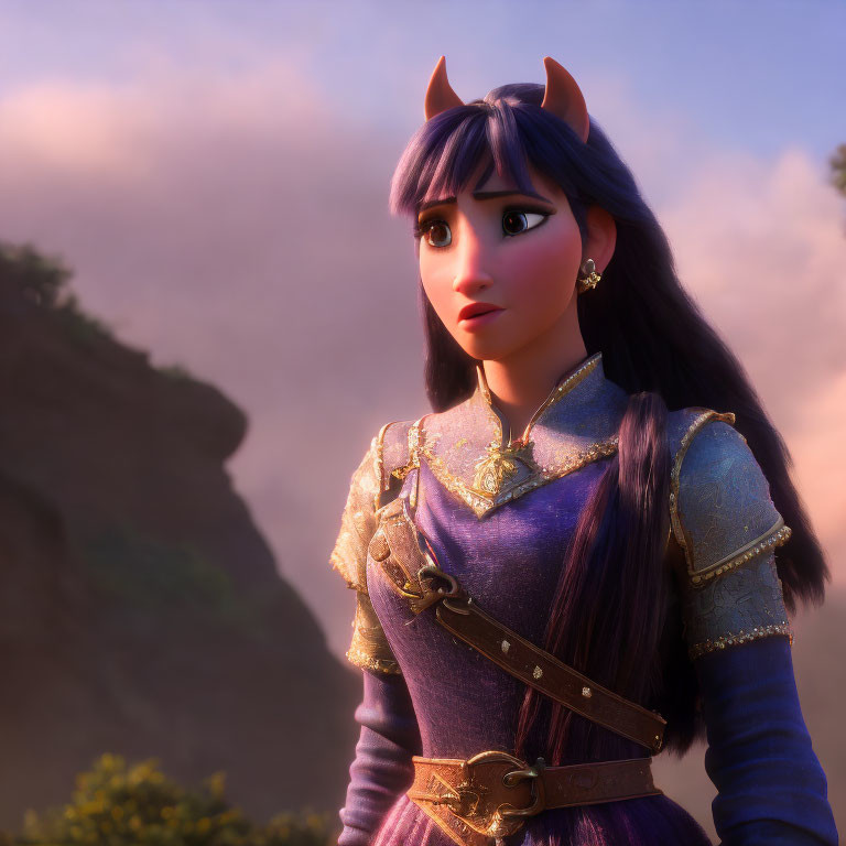 Long-haired female character in purple medieval attire in 3D animation