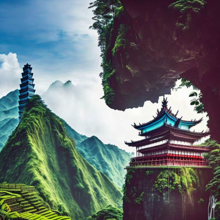 Traditional Asian Pagodas Surrounded by Green Mountains