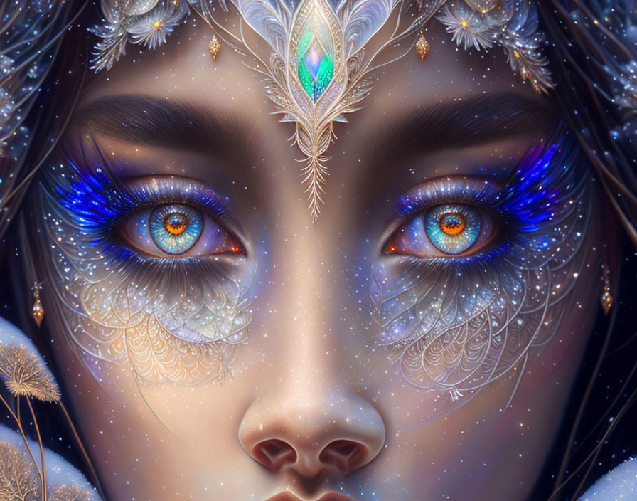 Fantastical female face with golden tiara and butterfly wings