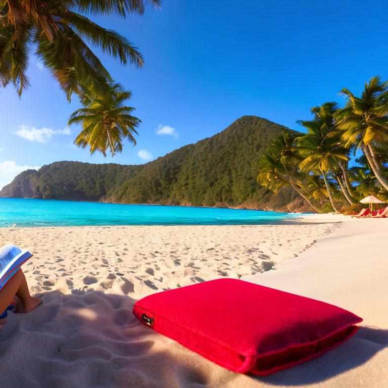 Scenic Beach Landscape with Palm Trees and Red Beach Towel