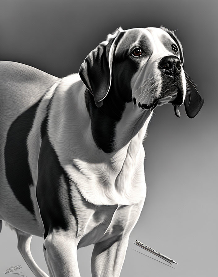 Detailed black and white realistic dog drawing with soulful eyes and a pen at the bottom.