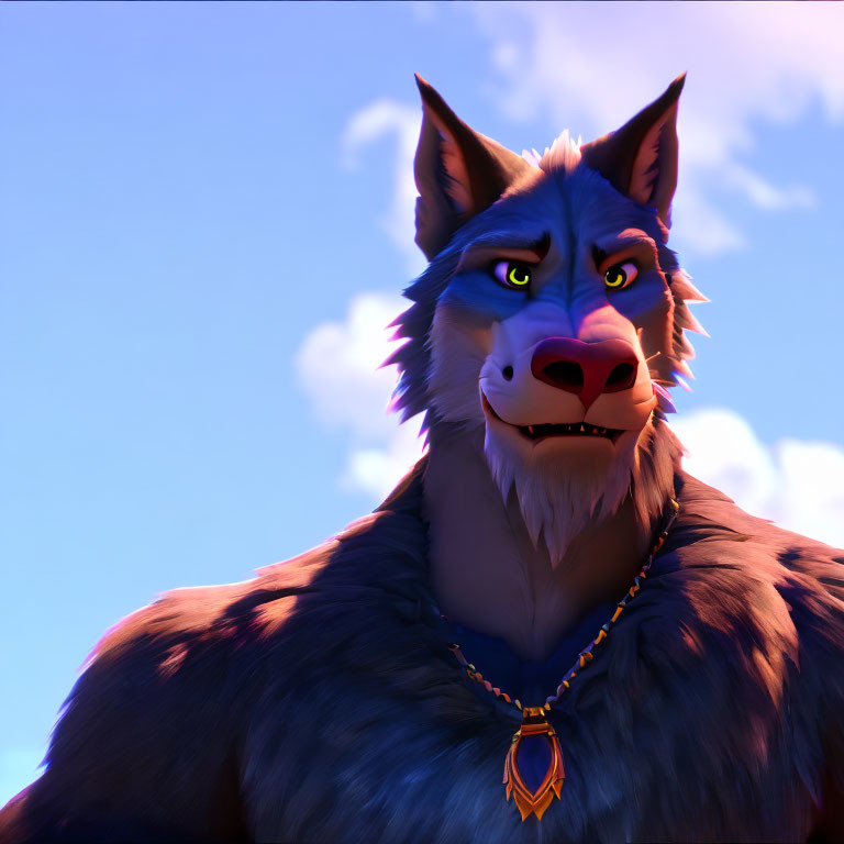 Blue-furred anthropomorphic wolf character with necklace in 3D render