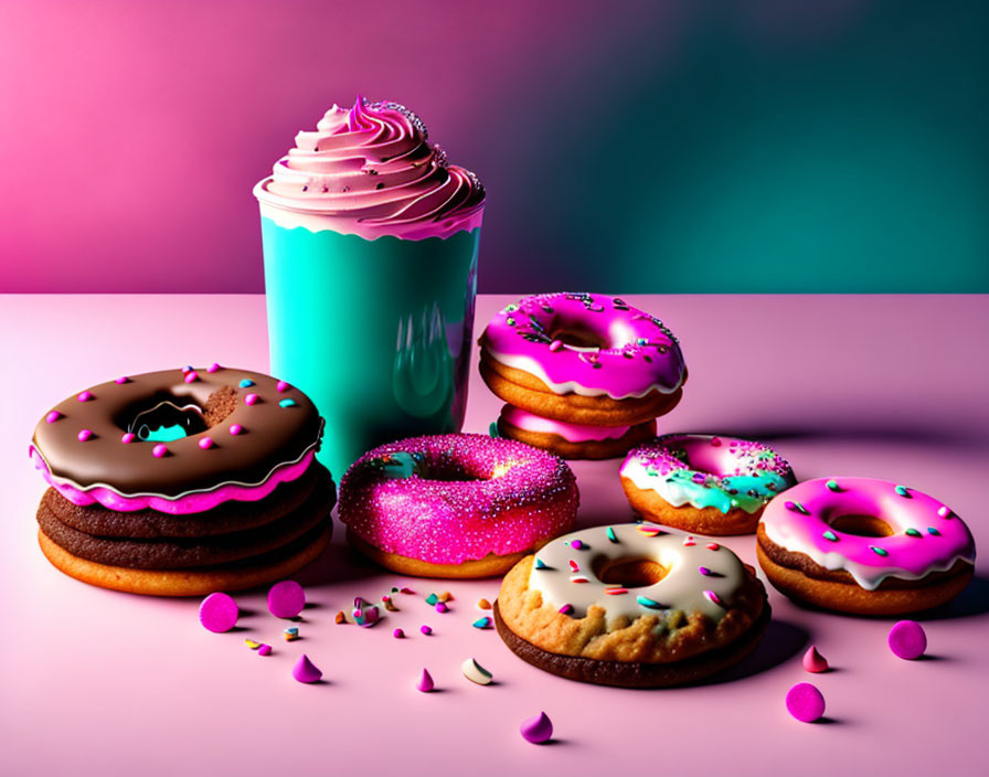 Colorful image: turquoise cup with whipped cream drink, five iced donuts with sprinkles on