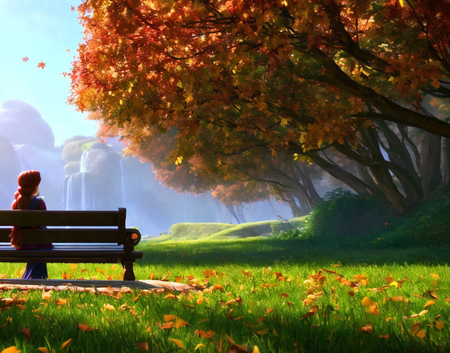 Red-haired person by park bench on sunlit autumn path