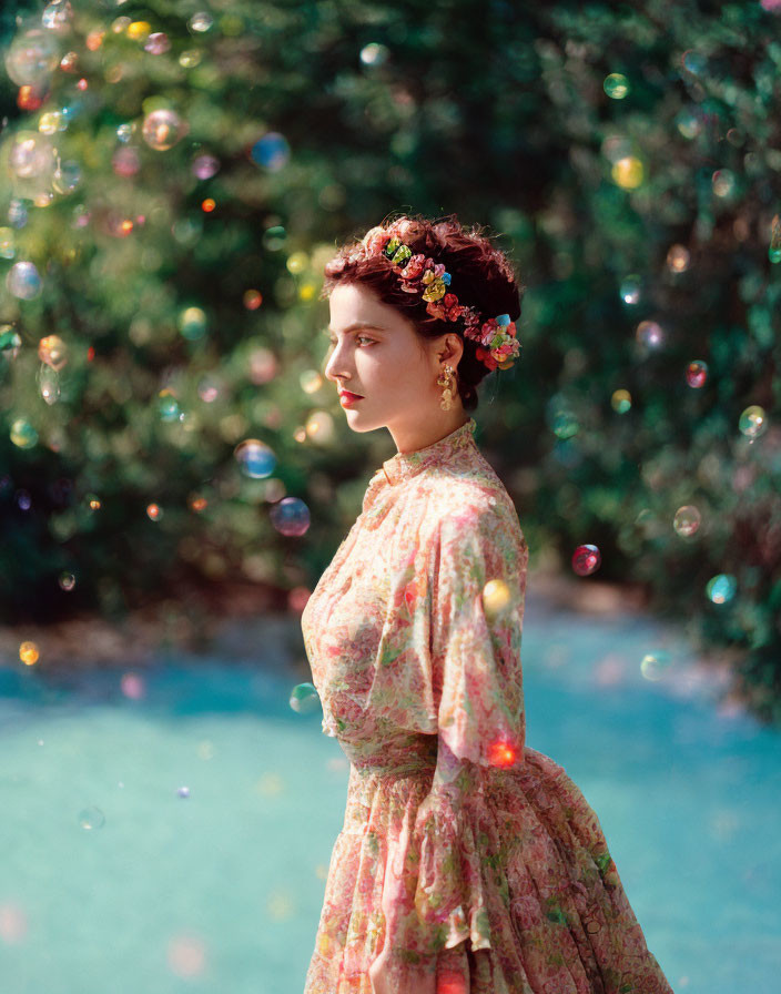 Vintage attire woman with floral crown in garden surrounded by soap bubbles