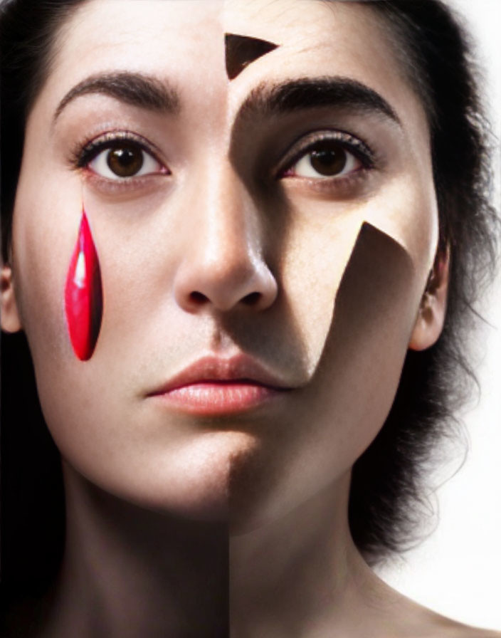 Portrait of a woman with tear-shaped cutout and triangle, revealing shadowed face