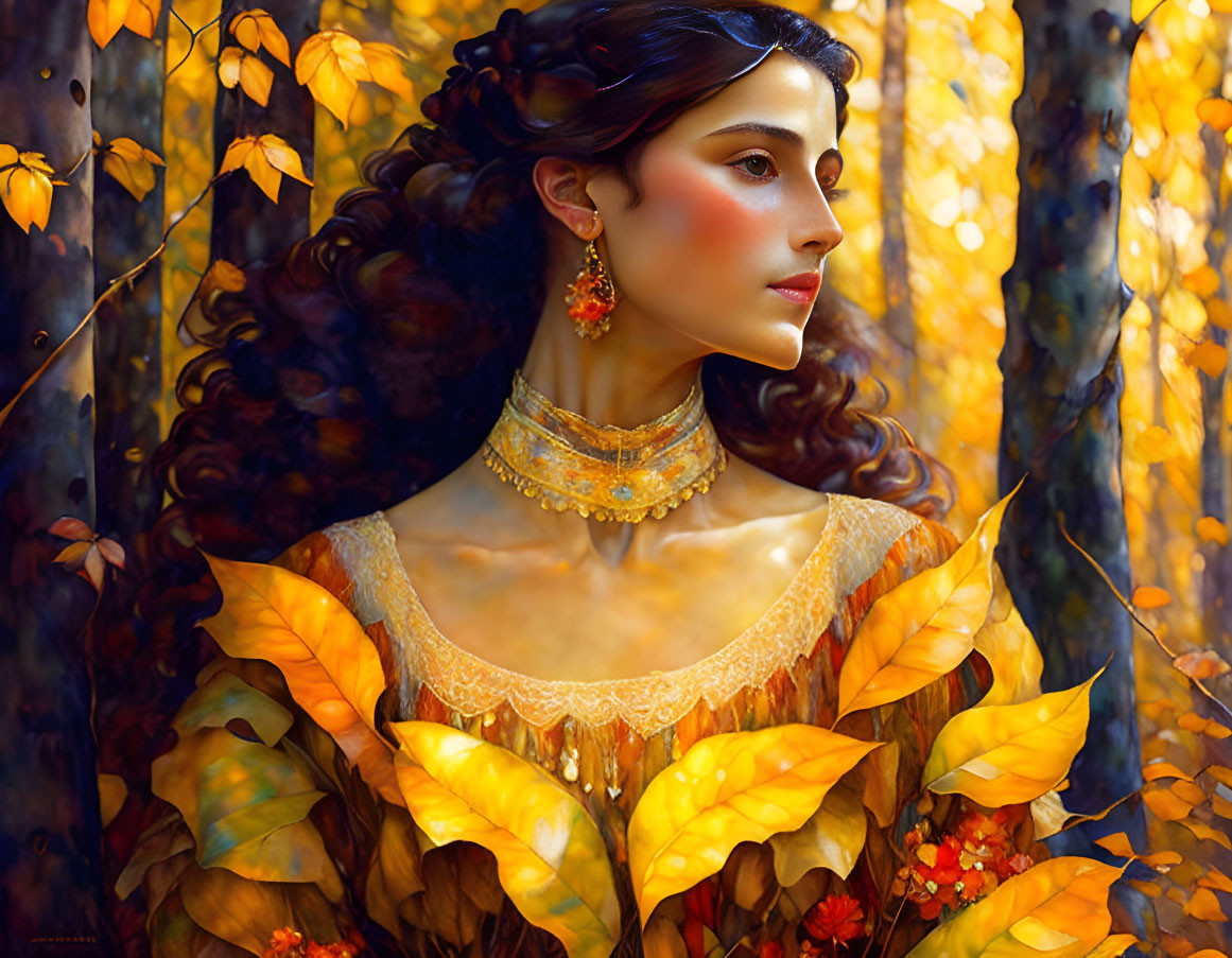 Curly-haired woman with autumn leaves in golden forest setting