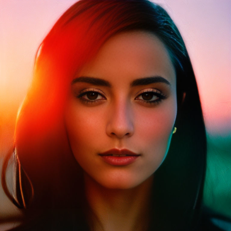 Dark-haired woman portrait against sunlit backdrop: serene expression