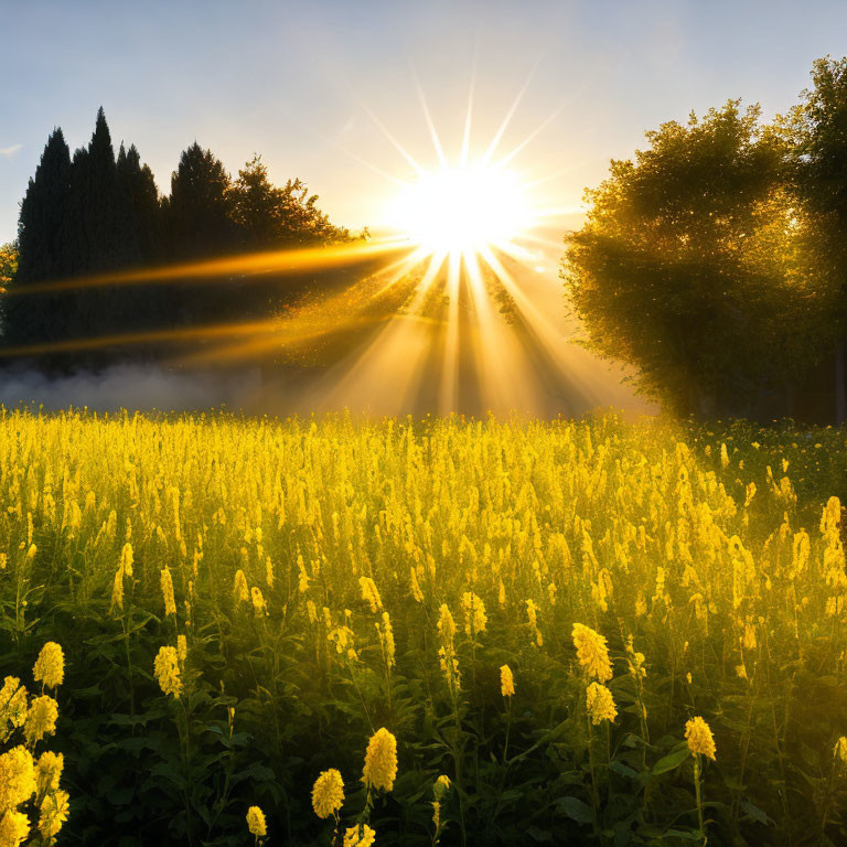 Sunrise with Sunbeams Through Trees Lighting Yellow Flower Field