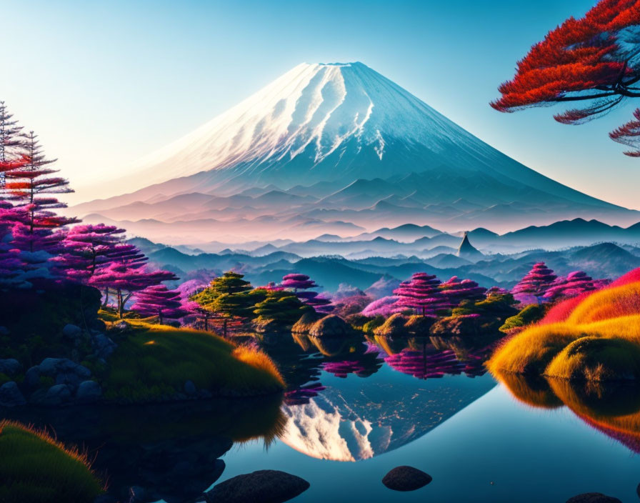 Tranquil Mount Fuji reflection in serene landscape