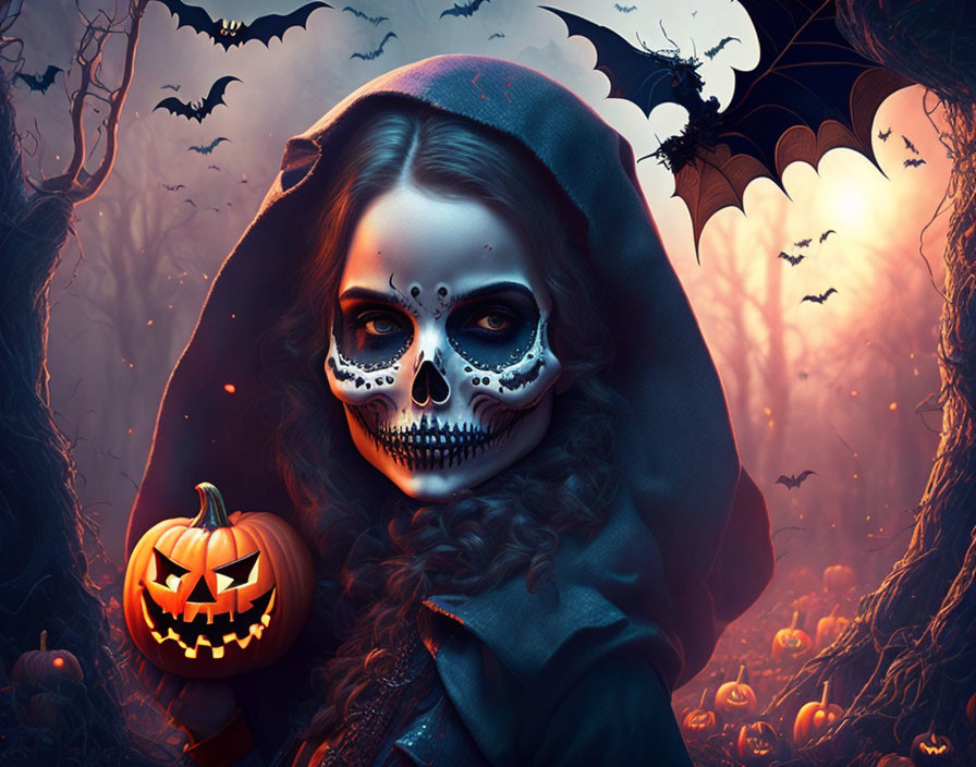 Skull-faced figure in cloak with jack-o'-lantern in eerie forest