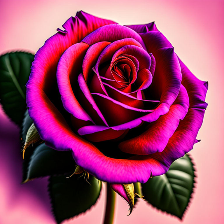 Vibrant pink and crimson rose with detailed petals on soft pink background